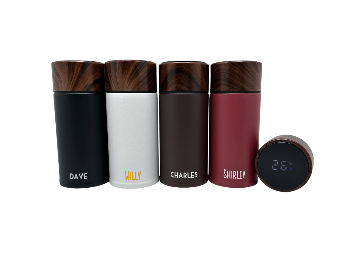 Small Wood Accent Stainless Steel Thermos Bottle with Digital Display