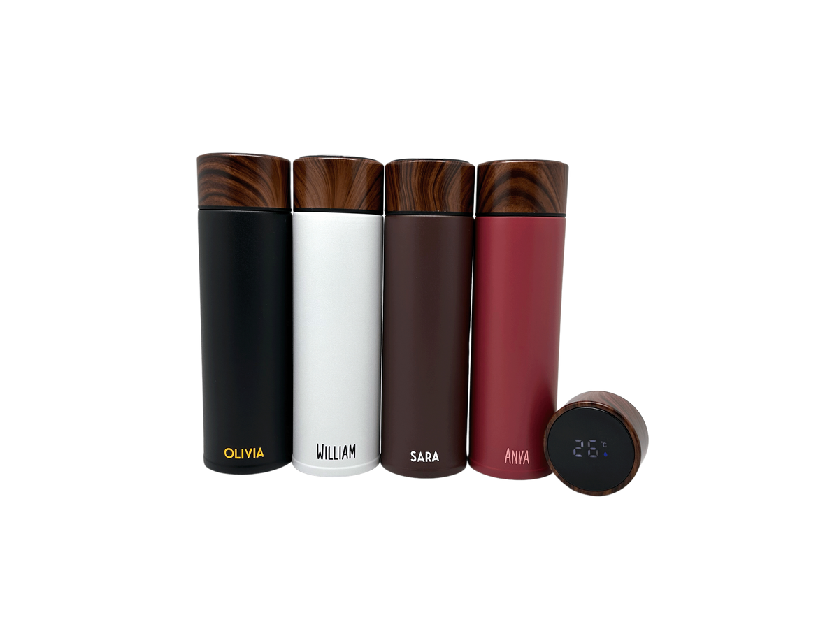 Wood Accent Stainless Steel Thermos Bottle with Digital Display