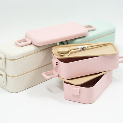 Two Tier Eco Wheat Straw Lunch Box with Cutlery Gift Ideas and Novelties One Dollar Only