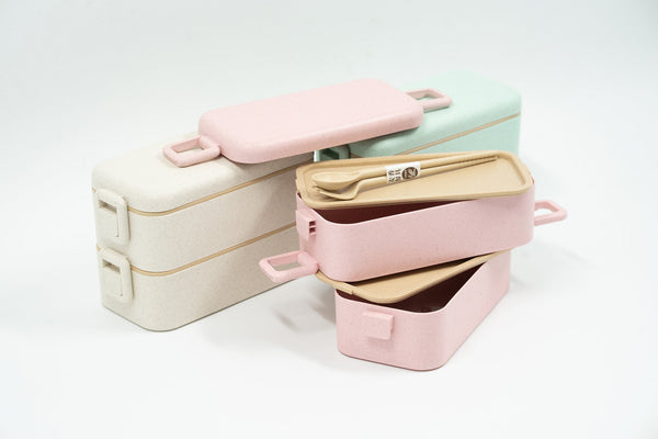 Two Tier Eco Wheat Straw Lunch Box with Cutlery