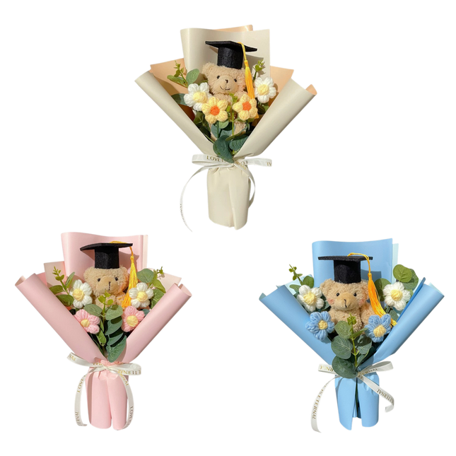 Graduation Bear Crochet Flower Bouquet