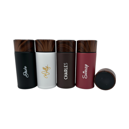 Small Wood Accent Stainless Steel Thermos Bottle