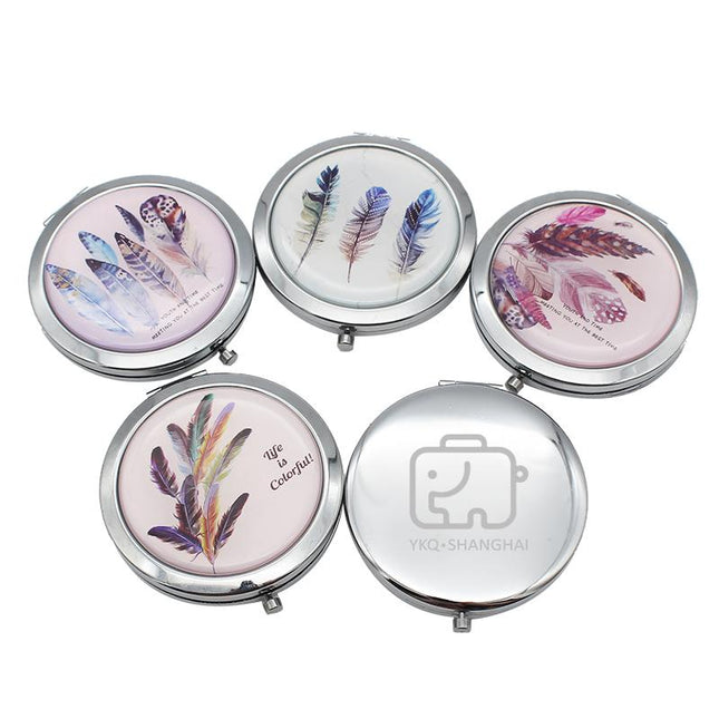Round Flip Pocket Mirror with Feather Designs One Dollar Only