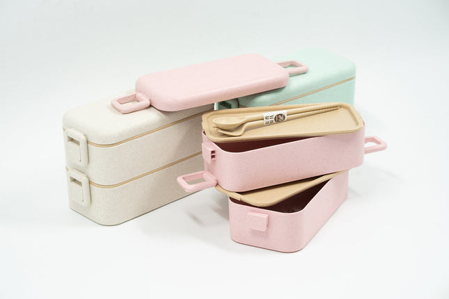 Two Tier Eco Wheat Straw Lunch Box with Cutlery Gift Ideas and Novelties One Dollar Only